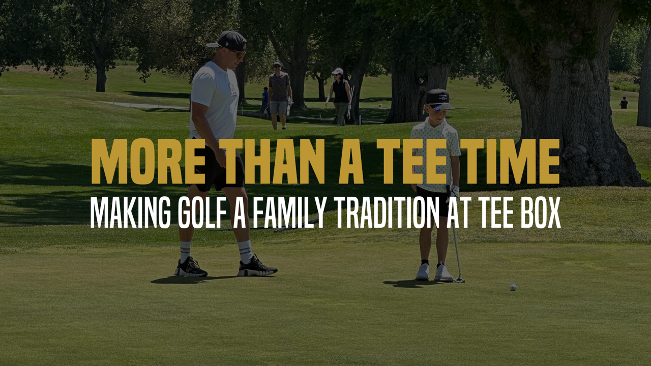 An image of adults and kids learning and playing golf at Tee Box.